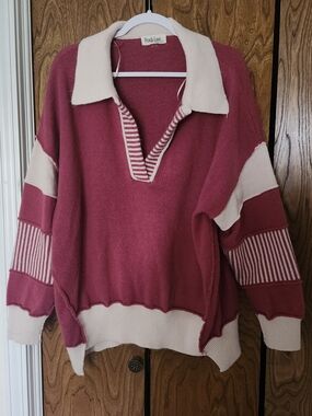 Peach Love California Oversized Wine and Cream Collared Sweater